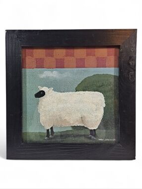 Primitive Folk Art Sheep Painting Checkered & Green Background By Cindy Sampson
